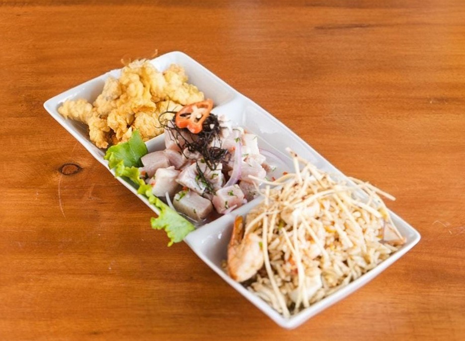 Trio Ceviche de pescado + Chaufa de mariscos + Chicharron de Pescado